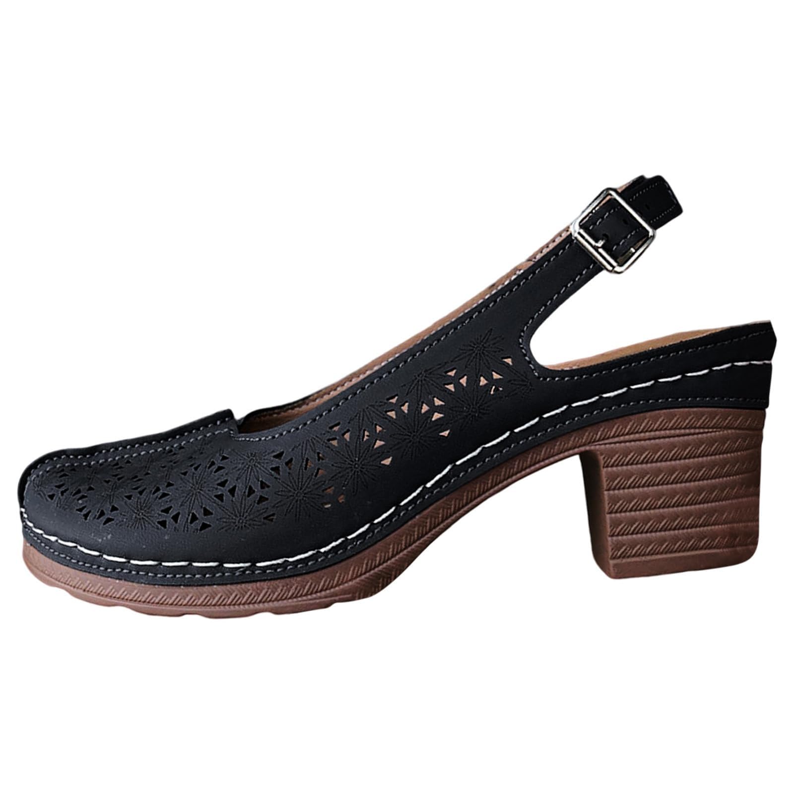 Womens Closed Round Toe Dress Shoes Vamp Sandals Chunky Heel Ankle Strap Retro Roman Sandals Hollow Out Breathable Lightweight Shoes Comfortable Beach