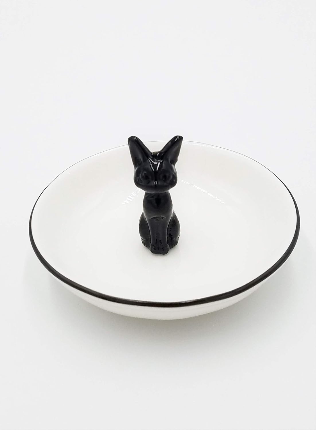 Ceramic Jewelry Dish Bowl Organizer with Glass Animal in Center. Kitchen or Bathroom Trinket Bracelet Necklace Ring Knick Knack Tray (Pink Cat Edge)
