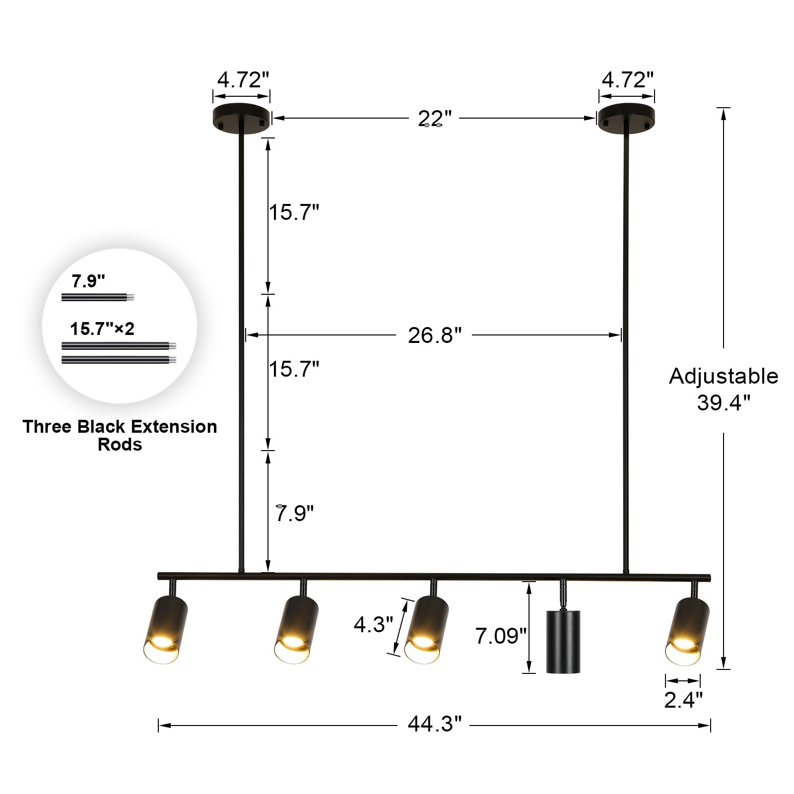 Moderno accesorio de iluminación negro de 5 luces, focos de techo ajustables para cocina, comedor, sala de estar, lámpara colgante lineal industrial con cabezales giratorios, compatible con