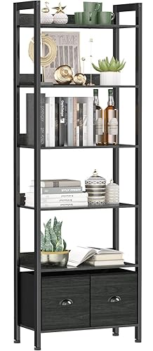Furologee 6-Tier Bookshelf, Tall Bookcase with 2 Drawers Storage Organizer, Industrial Display Free Standing Shelf Units, Wood and Metal Storage Rack for Home Office, Bedroom, Black Oak - Black Oak - 6 Tier