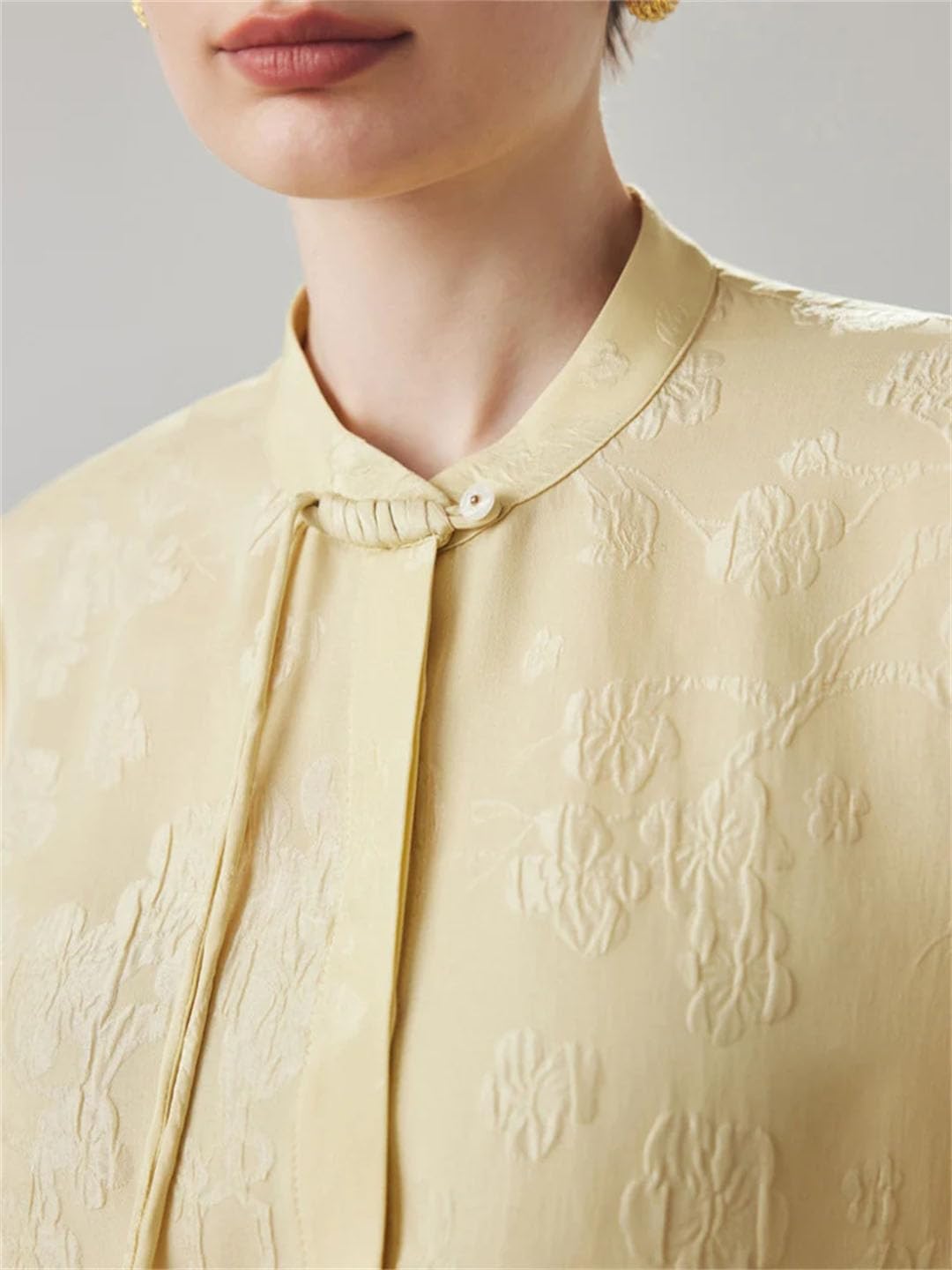 Blusas lisas para mujer, jacquard, 100 % seda, cuello alto, estilo vintage, elegante