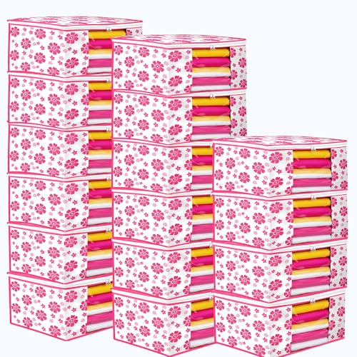Image of Flower Printed Saree Covers for Cloth Storage & Wardrobe | Transparent Window, Zipper Closure | Pink-White | Pack of 16 | Dustproof Breathable Storage Bag for Travel & Home Use