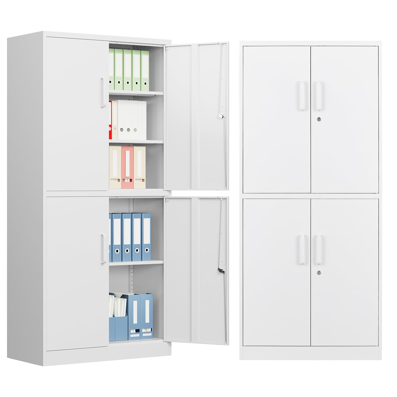 MIIIKO Steel Storage Cabinet with 4 Doors, Lockable Metal Filing Cabinet, White Office Storage Cabinet with 5 Shelves