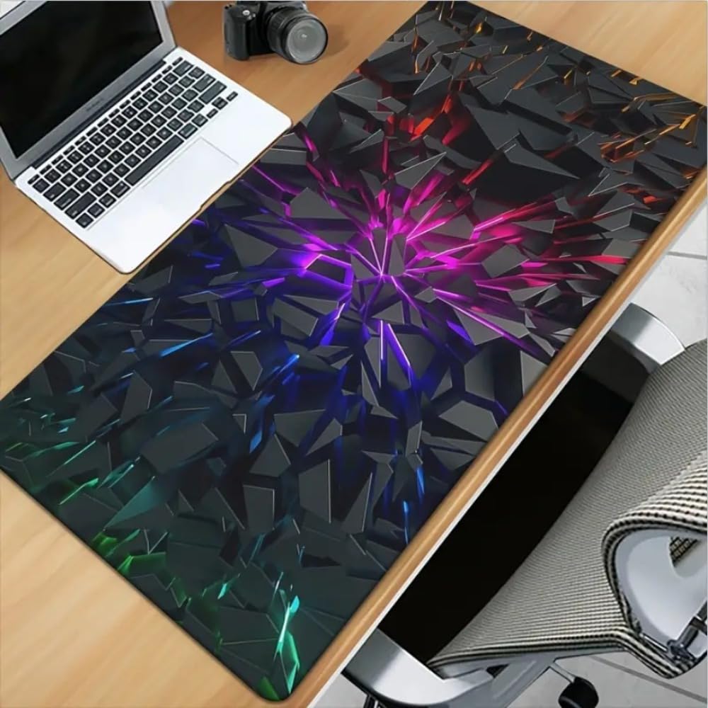 Extra-Large Futuristic Black Mouse Pad with Vibrant Neon Lines Rubber Base & Precision Edge Stitching - Durable Desk Mat,11.8"x31.5"
