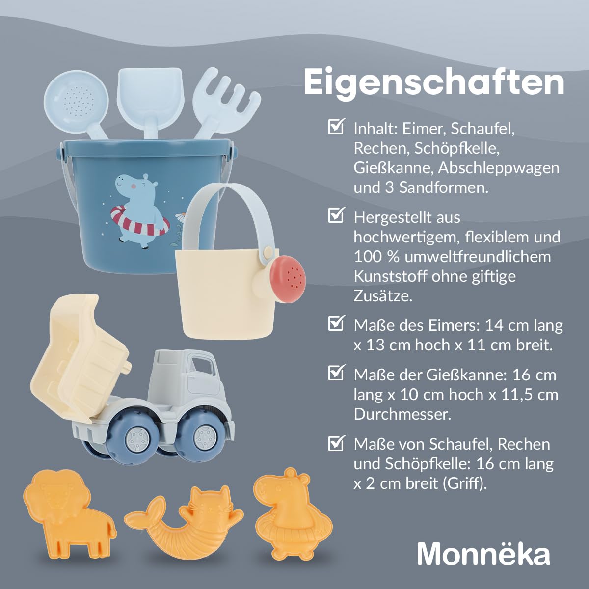 Strandspielzeug Set | Nachhaltiges Sandspielzeug | Enthält Verschiedene Teile | Leicht und tragbar für Strand oder Garten | Umweltfreundlich und sicher | Hippos
