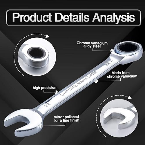 Miniatura 4 de KATUR Juego de llaves de trinquete fijas de 0.866 in y llaves de mango, juego de herramientas manuales, combinación métrica de acero al cromo