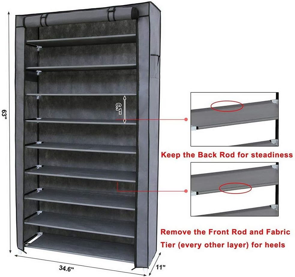 10 Tiers Shoe Rack with Dustproof Cover Closet Shelf Shoe Storage Cabinet Organizer,Side Pockets,Gray