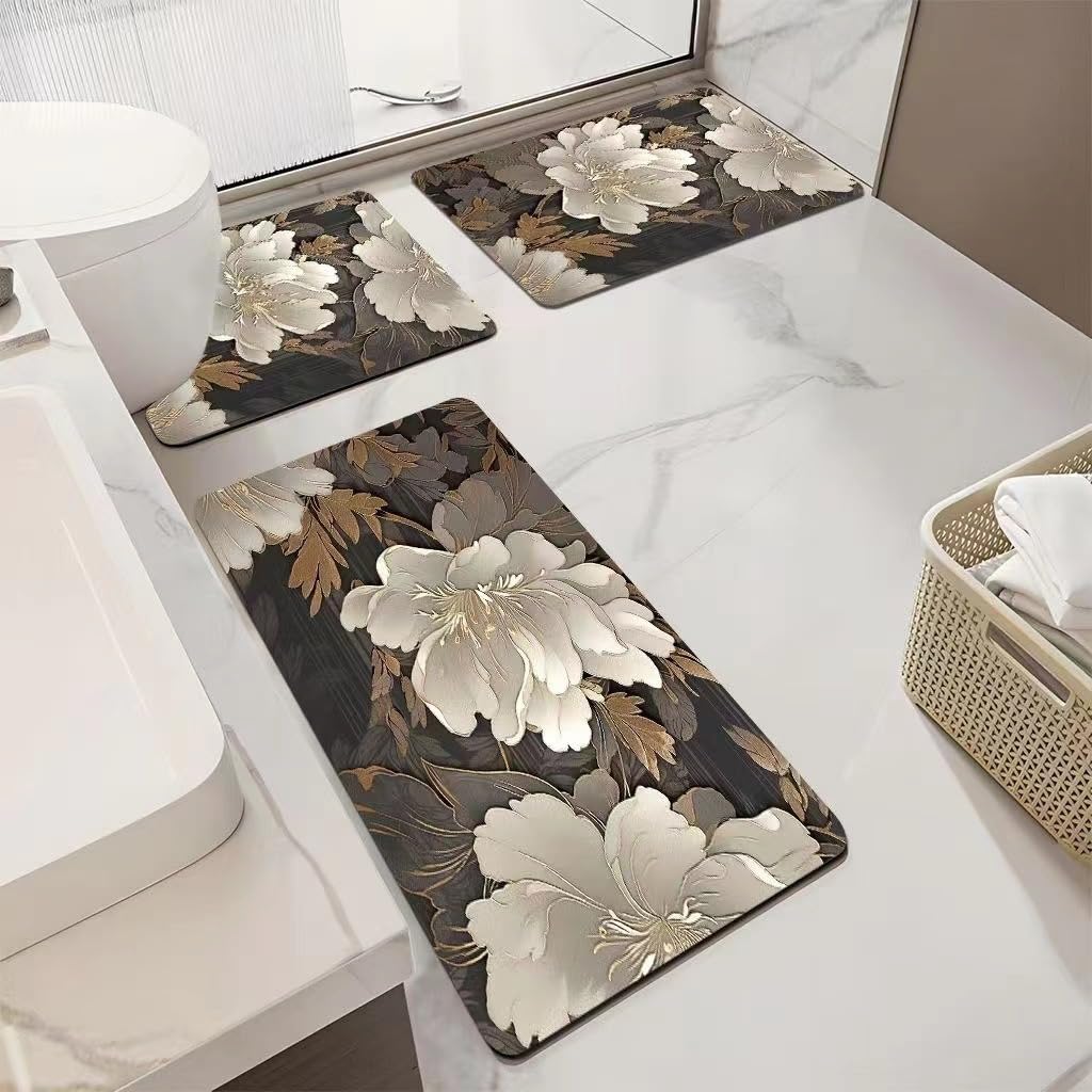 Tappeto Bagno Peonia Beige Marrone Tappeti Bagno 3 Pezzi Asciugatura Rapida Diatomite Facile da Pulire Doccia Antiscivolo Assorbente Set Tappeti 3 Pezzi