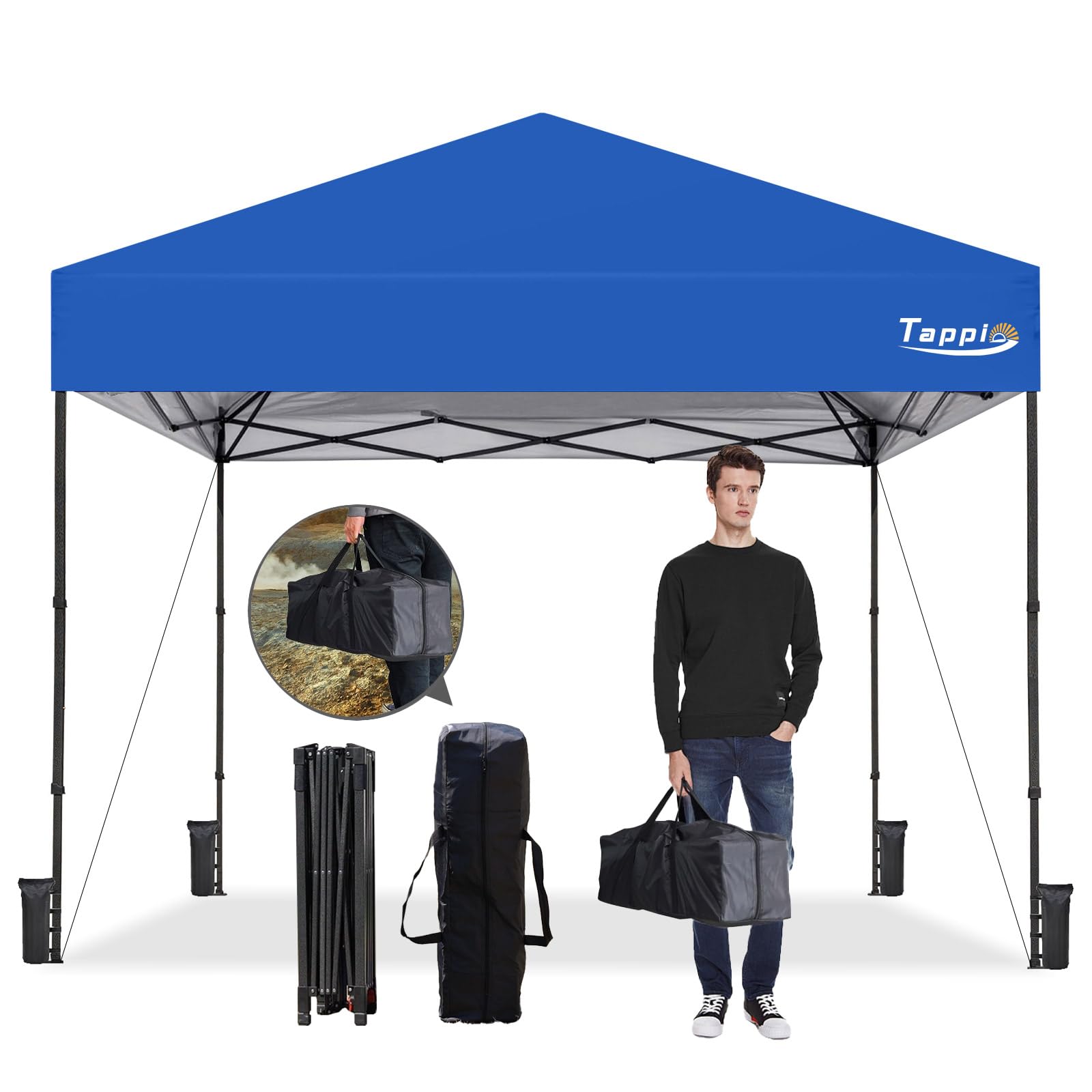 10'x10' Pop Up Canopy Tent, Outdoor Instant Canopy Patio Gazebo Event Tent, Portable Waterproof Pop-up Canopy with 8 Stakes, 4 Ropes, 4 Sandbags and 1Handbag for Party Camping Backyard, Blue