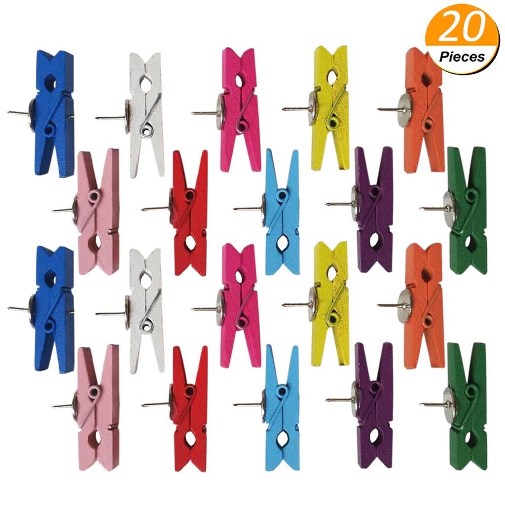 PartyYeah 20Pcs Push Pins with Wooden Clips Pushpins Tacks, Creative Paper Clips with Pins for Cork Boards Notes Photos Wall and Craft Projects No Holes for Offices Home Schools Use, Multicolor