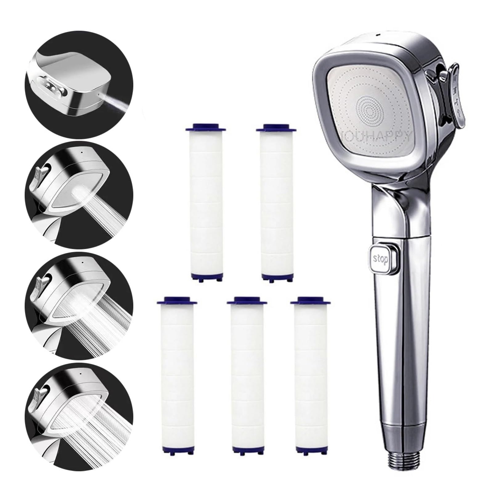 Soffione doccia ad alta pressione con 4 modalità, pulsante di accensione/spegnimento, ugello doccia regolabile, filtro per risparmio idrico(Sliver with 5 filter)