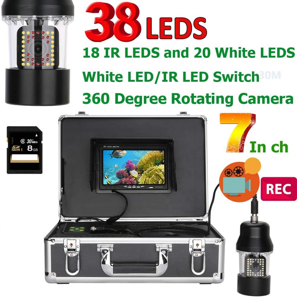 7 Inch DVR Recorder Underwater Fishing Video Camera Fish Finder IP68 Waterproof 38 LEDs 360 Degree Rotating Camera,100m (20m)