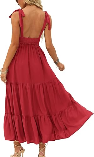 Miniatura 5 de DEEP SELF Vestido largo de verano con cuello en V para mujer, con tirantes delgados, dobladillo con volantes, vestidos largos con volantes