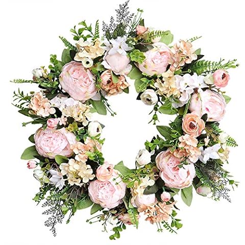 Agirlgle Spring Wreath Artificial Peony Flower Wreath for Front Door 20 inch Springtime Faux Flower and Artificial Flower Hanger Indoor Natural Vine Wreath Home Decor for Window, Outdoor, Wedding Cover