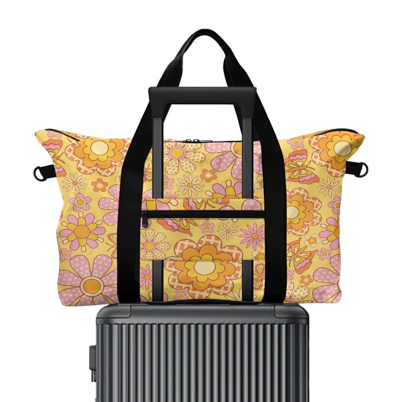 Hippy Daisy Gym Bag for Women 70s Hippie Floral Travel Duffle Bag with Carry Handles, Orange Polka Dots Flowers Carry on Bags for Hospital, Weekend, Airplane, 30L2