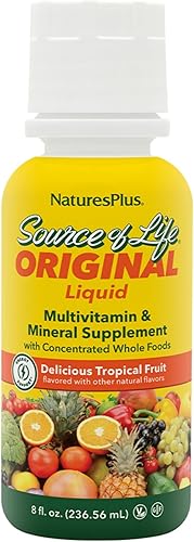 Natures Plus Source of Life Líquido, fruta tropical, 8 onzas líquidas, suplemento multivitamínico y mineral, sin gluten, vegetariano, 8 porciones