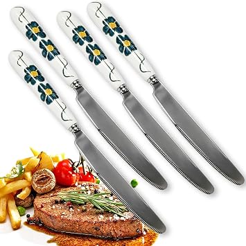 22CM Floral Ceramic Handle Premium Thickened Dinner Knife,S42000 Stainless Steel Serrated Table Knife,Smooth Edges,Forget-me-not Collection 9 Inch Cutlery for Kitchen&Dining 4PCS Knifes