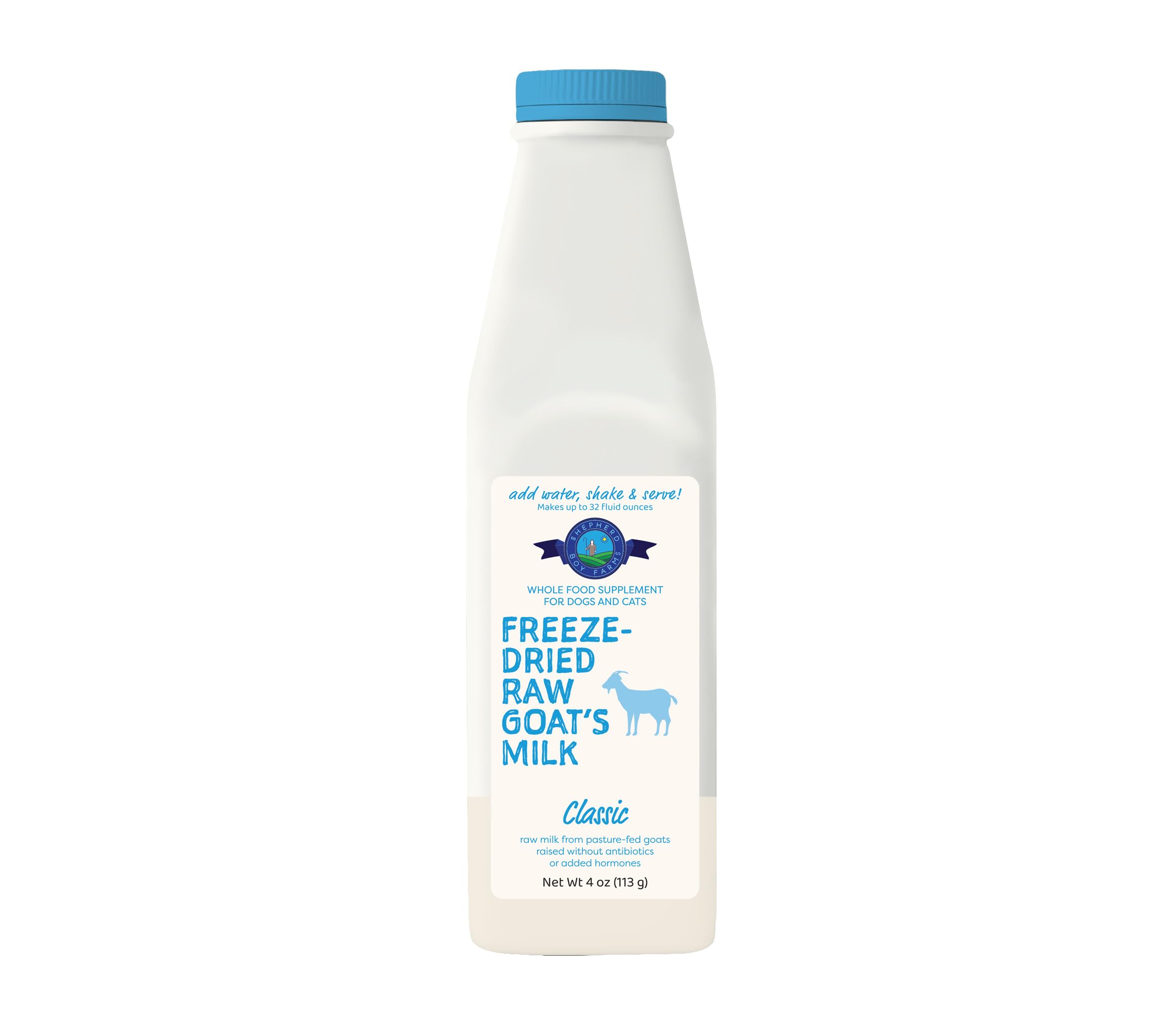 Shepherd Boy Farms Freeze Dried Raw Goats Milk with Probiotics for Dogs & Cats (Classic), High Protein, Digestible Goat Milk Powder for Sensitive Stomachs, Raw Nutrition, Food Toppers - Makes 32 FL Oz