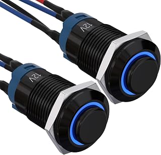 APIELE 12mm Latching Push Button Switch SPST Pre-Wired 150mm High Round Head Aluminium Alloy 1NO 1 Normally Open with Ring Led Pack of 2 (Blue)