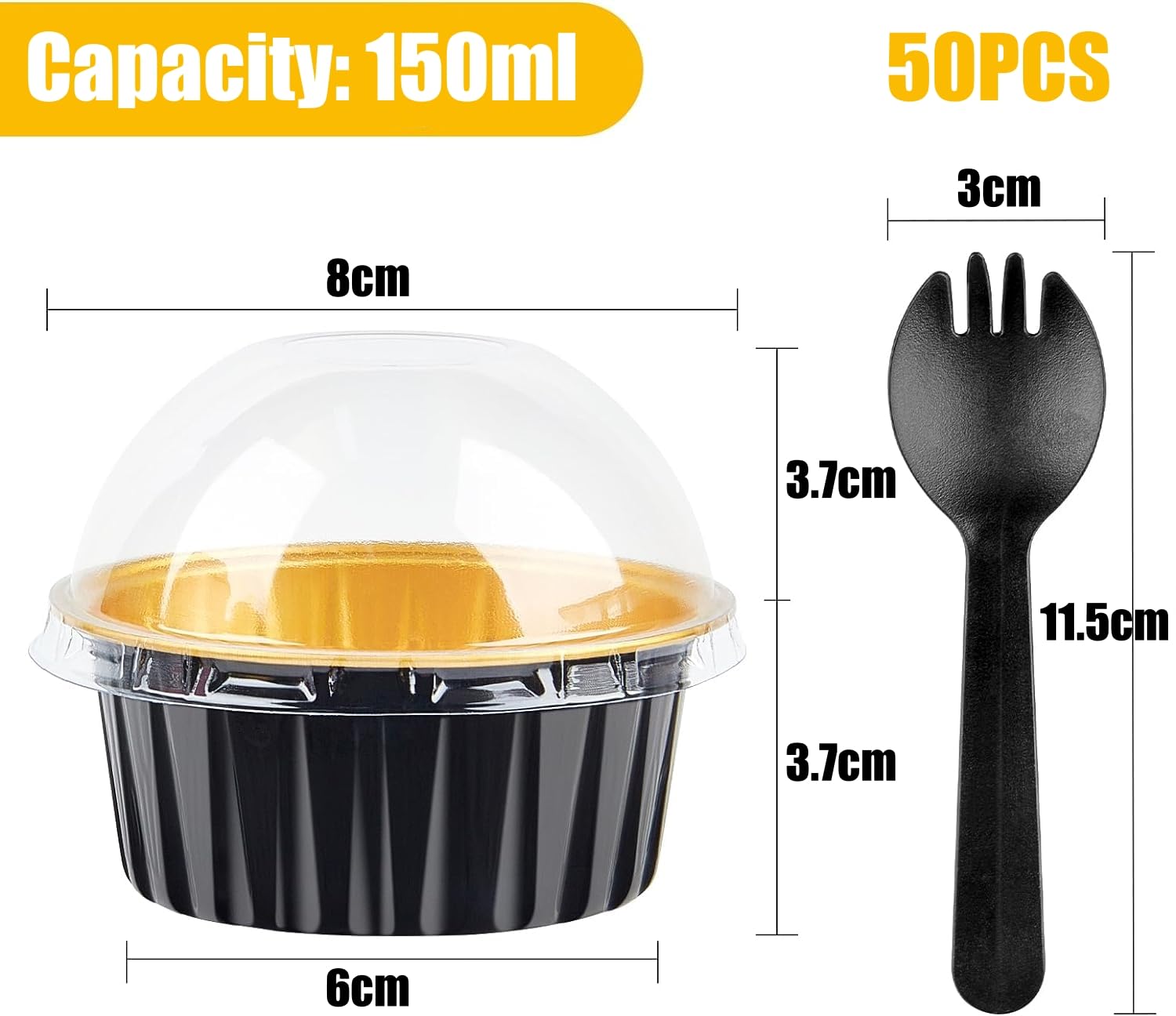 KAHEIGN 50 Pezzi Mini Teglie per Pane con Coperchi e Cucchiai, 150ml Pentole Rotonde in Foglio di Alluminio con Adesivo Sigillante per Pane Torta Nozze Compleanno Picnic Festa (Oro Nero)