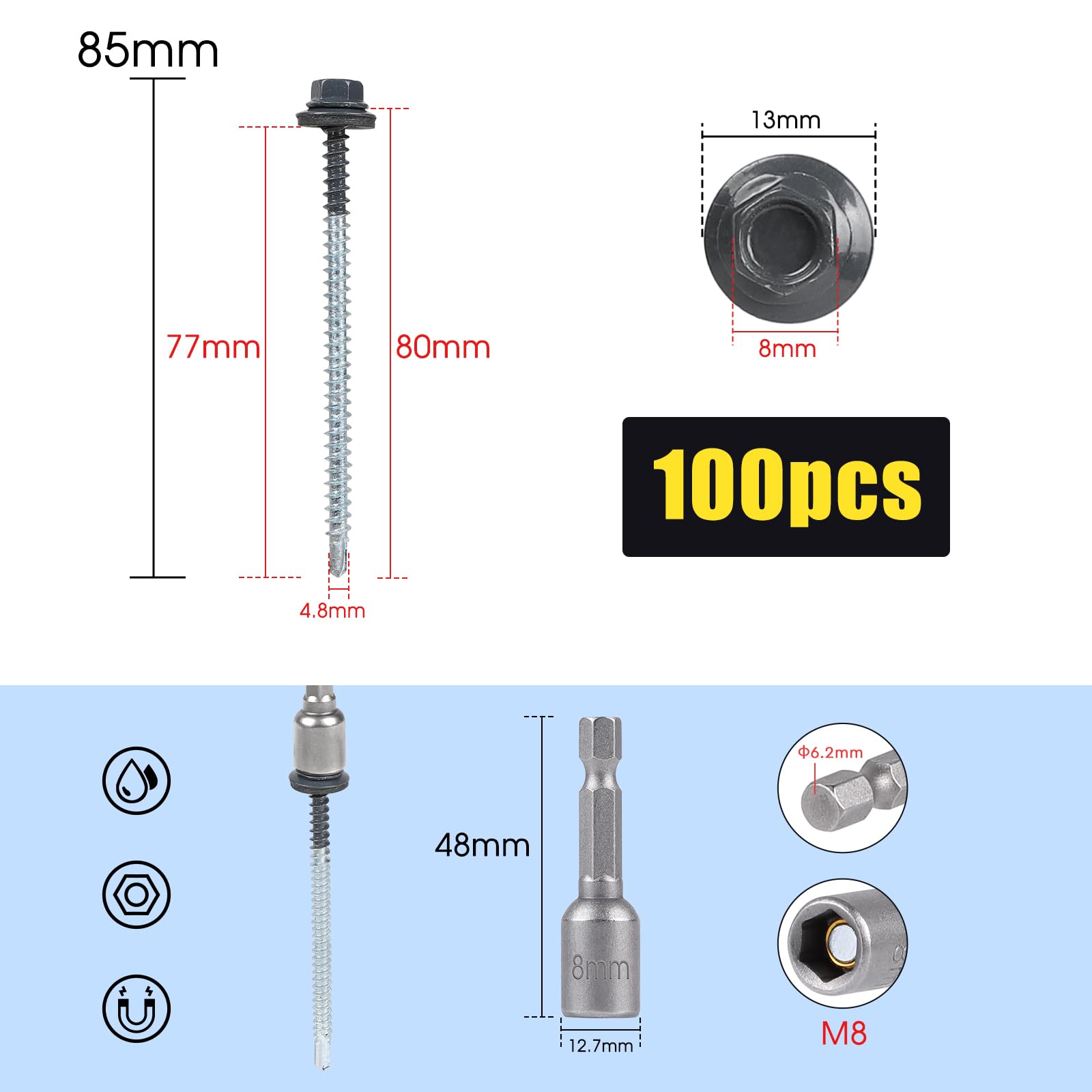 100 Selbstschneidende Schrauben 4,8 x 80 mm Sechskant Spenglerschrauben mit Dichtscheibe Dachschrauben Verzinkt Sechskantkopf mit 1 Sechskant Bit Steckschlusselsatz Trapezblechschrauben, Grau