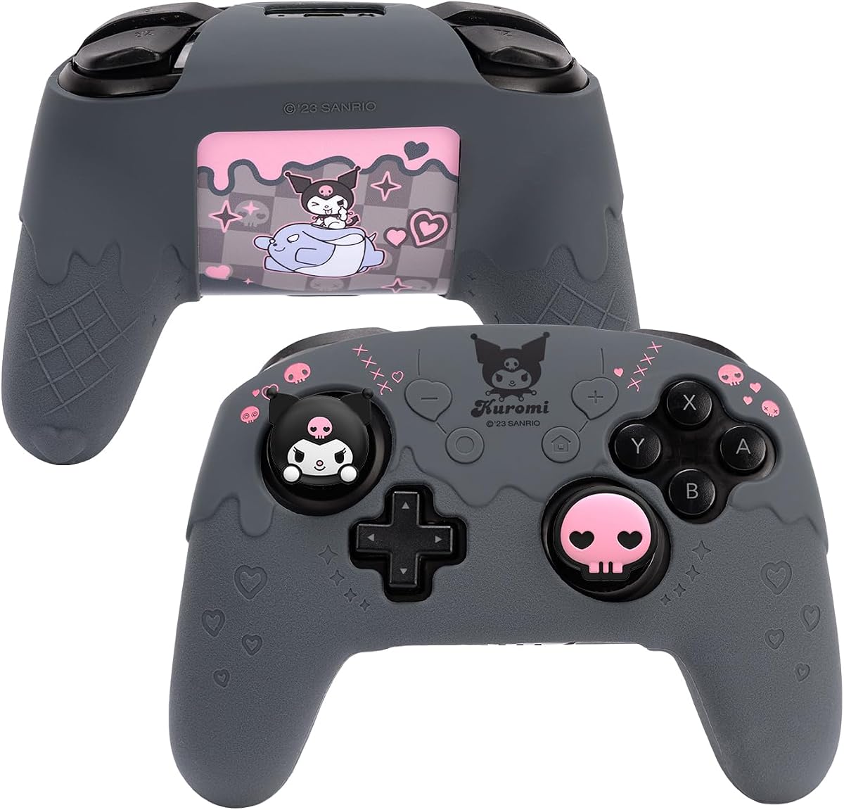 Kuitmor Silicone Switch Pro Controller Cover Skin Set, Anti-Slip Soft Protective Case for Switch Pro Controller with 2 Thumb Grip Caps and 1 Sticker (Black Kuromi)