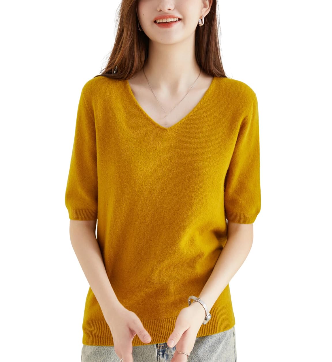 Maglione da donna in lana merino per donna a maniche corte pullover top primavera estate scollo a V morbido lavorato a maglia abbigliamento femminile