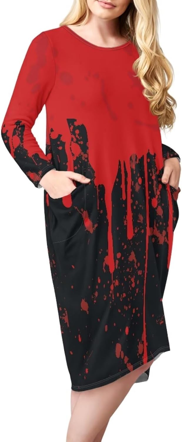 Gomyblomy Long Sleeve Nightgowns for Women Halloween Sleepwear Soft Cozy Sleep Shirts with Pockets Plus Size Nightdress