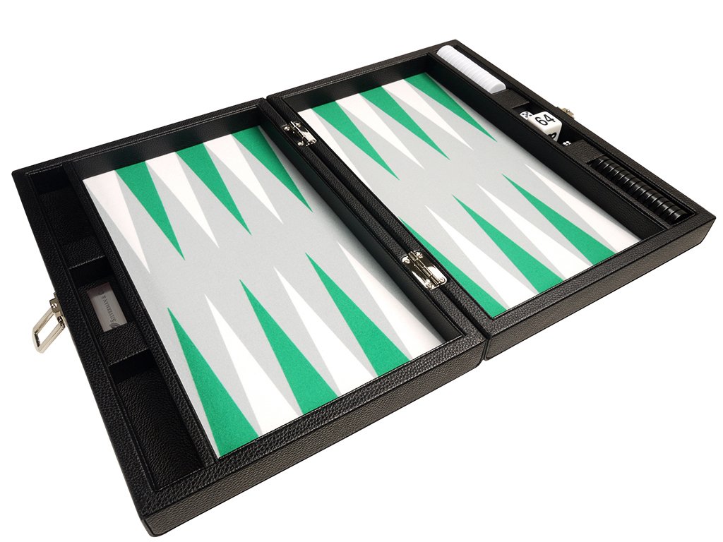 Silverman & Co. Set Backgammon Premium da 33 cm, dimensioni da viaggio, lavagna nera, punti bianchi e verdi