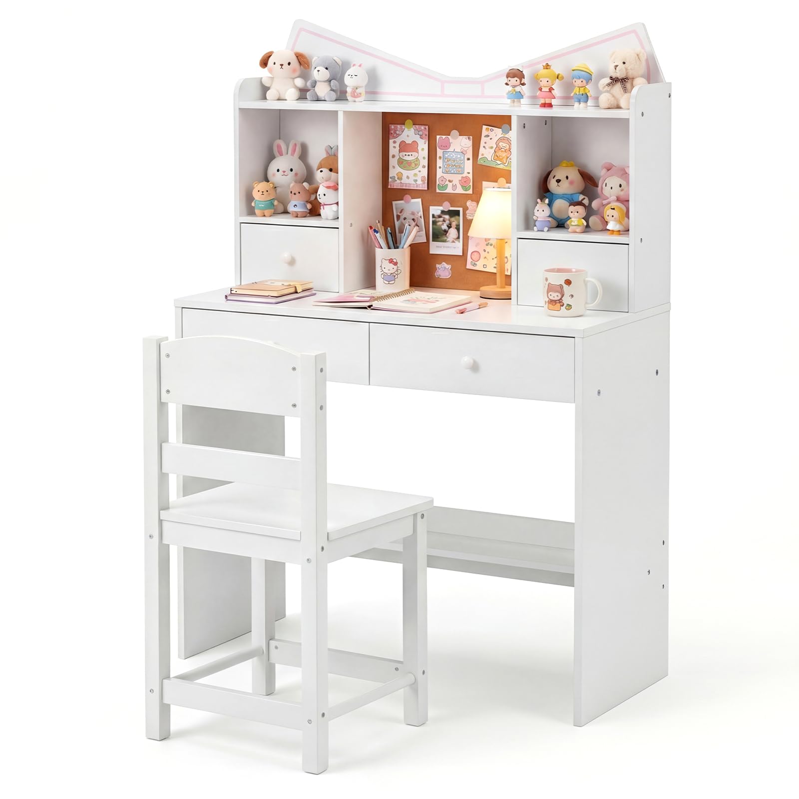 COSTWAY Kids Desk and Chair Set, Wooden Student Study Table with Drawers, Open Shelves, Cork Bulletin Board, Children Computer Workstation for 3-7 Years Old (White)