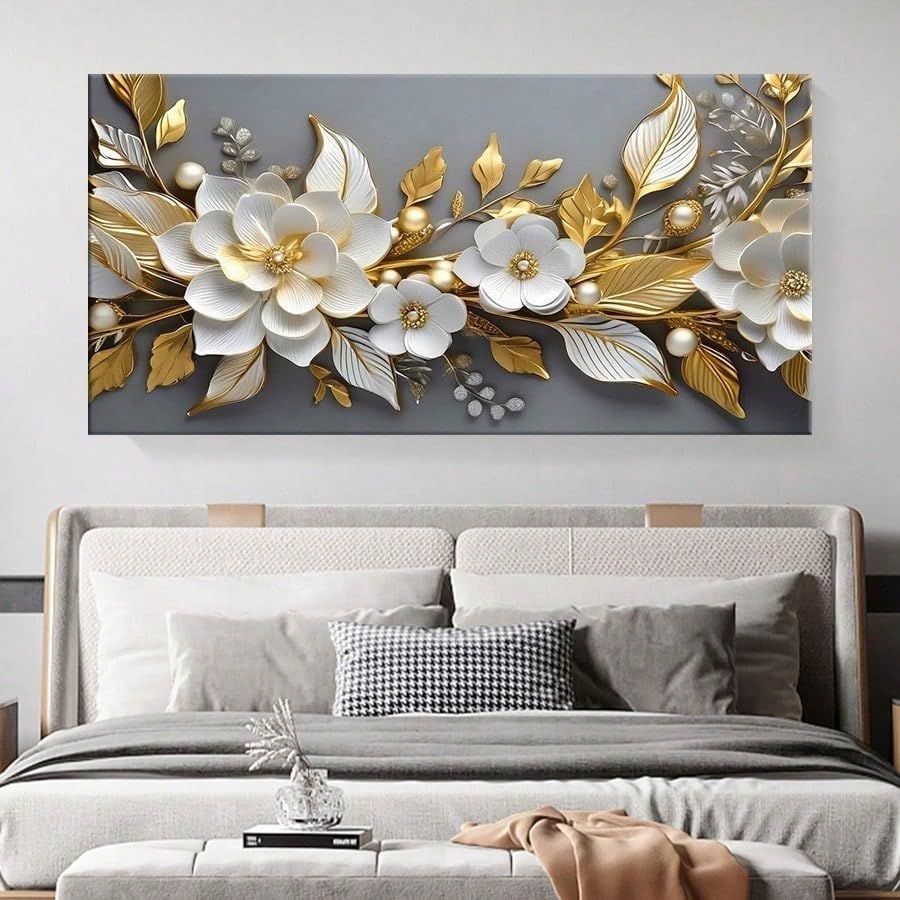 Décoration murale fleurs blanches grand format et affiche moderne salon 75 x 150 - 3
