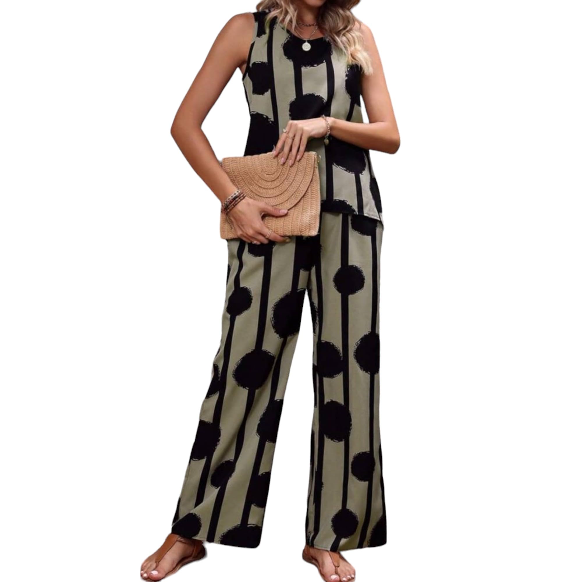 Women's Olive Green and Black Polka Dot Co-Ord Set, Sleeveless Top and Wide Leg Pants