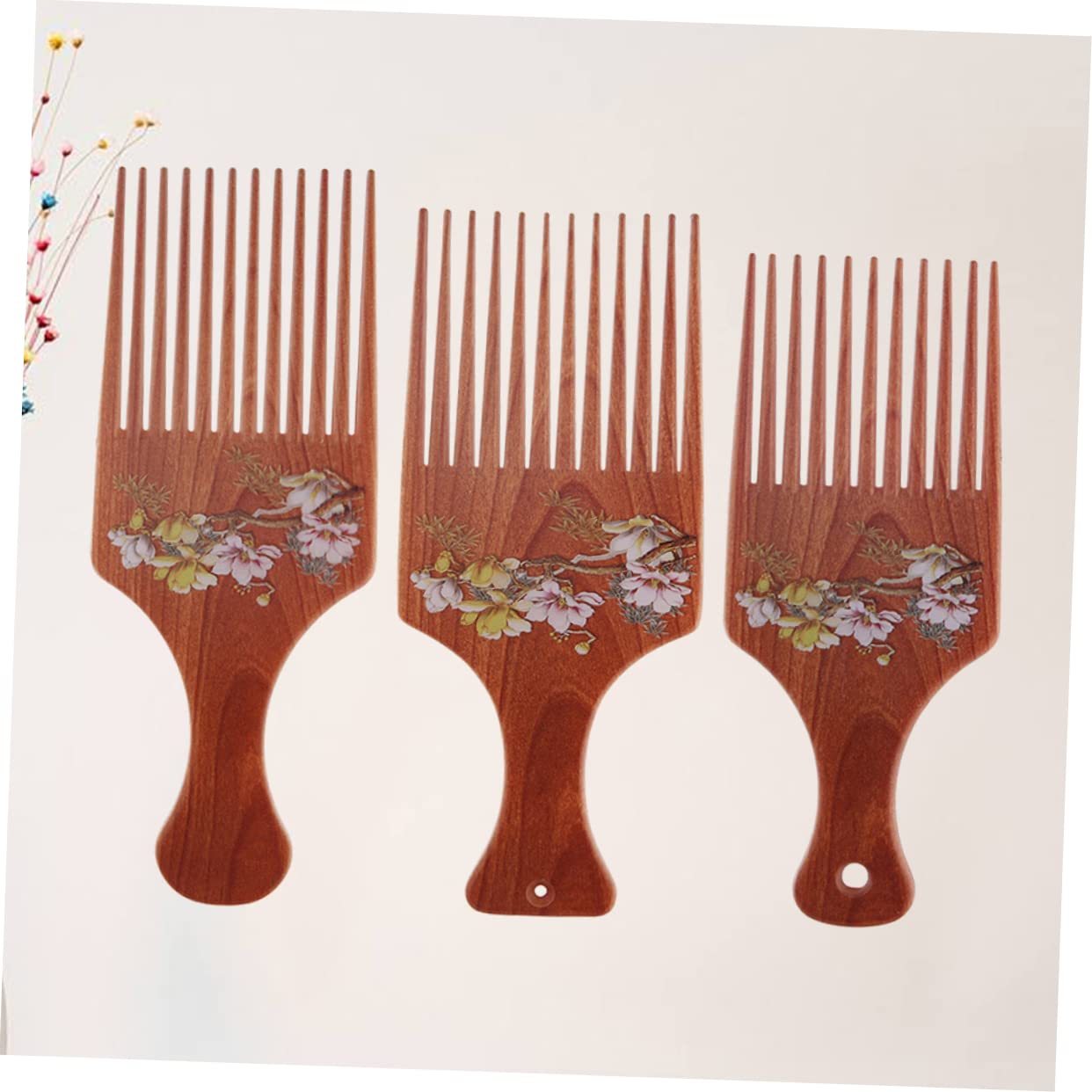 Peine de madera para peinar el cabello, 3 piezas, estilo chinoiserie con púas, rizado, para el hogar, estilo ancho, para mujeres, con pinzas en L, antiestático, delicado, para masajear el cabello