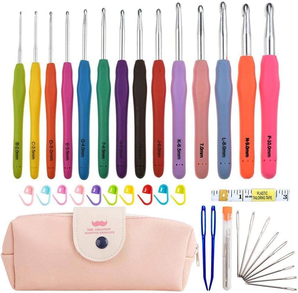 (14-Piece 2mm/B -10mm/N) Crochet Kit with Ergonomic Hooks, Yarn Needles, Stitch Markers & Portable Storage Bag - Ideal for Beginners & Experts, Travel Essential tweezer and sewing kit