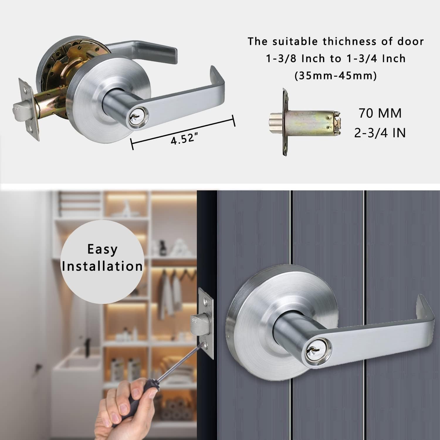 Passage&Keyed Entry Commercial Door Locks, Heavy Duty Grade 2 Lever, Non-Handed, UL 3 Hour Fire Rated, ADA Compliant, Satin Chrome Finish 26D, 2-3/4''Backset