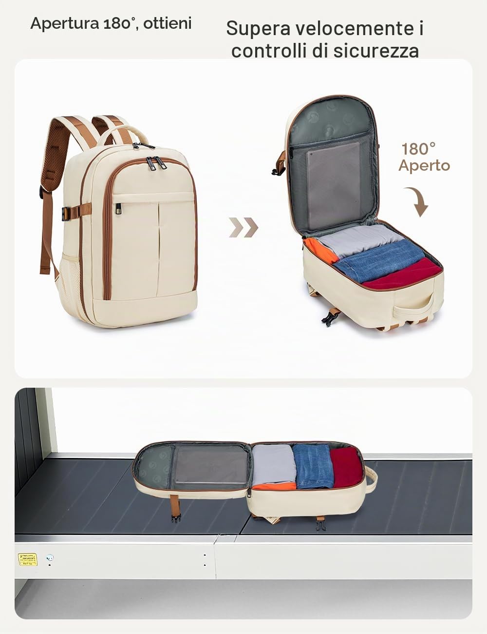BAGZY Zaino British Airways 40x30x15 Bagaglio a Mano 30x40x15 cm per Aereo Air France Iberia Impermeabile Zaini Porta PC 15.6 Pollici Cabin Bag 20L Zainetto da Viaggio Cabina 40 30 15 Uomo Donna Beige
