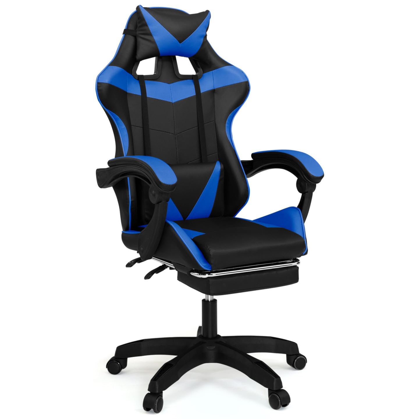 IDMarket - Sedia da gioco ALEX regolabile con poggiapiedi, cuscino per la testa e cuscino lombare in nero e blu