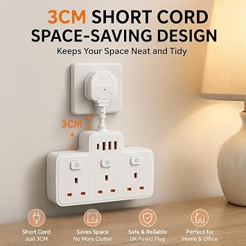 Multi Plug Extension, Short Extension Lead, 3 Way 4 USB Plug Adapter