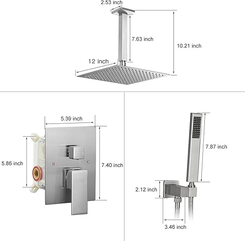 Miniatura 7 de BWE Cabezal de ducha de lluvia de 12 pulgadas con sistema de ducha de mano de níquel cepillado montado en el techo, grifo de ducha de baño,