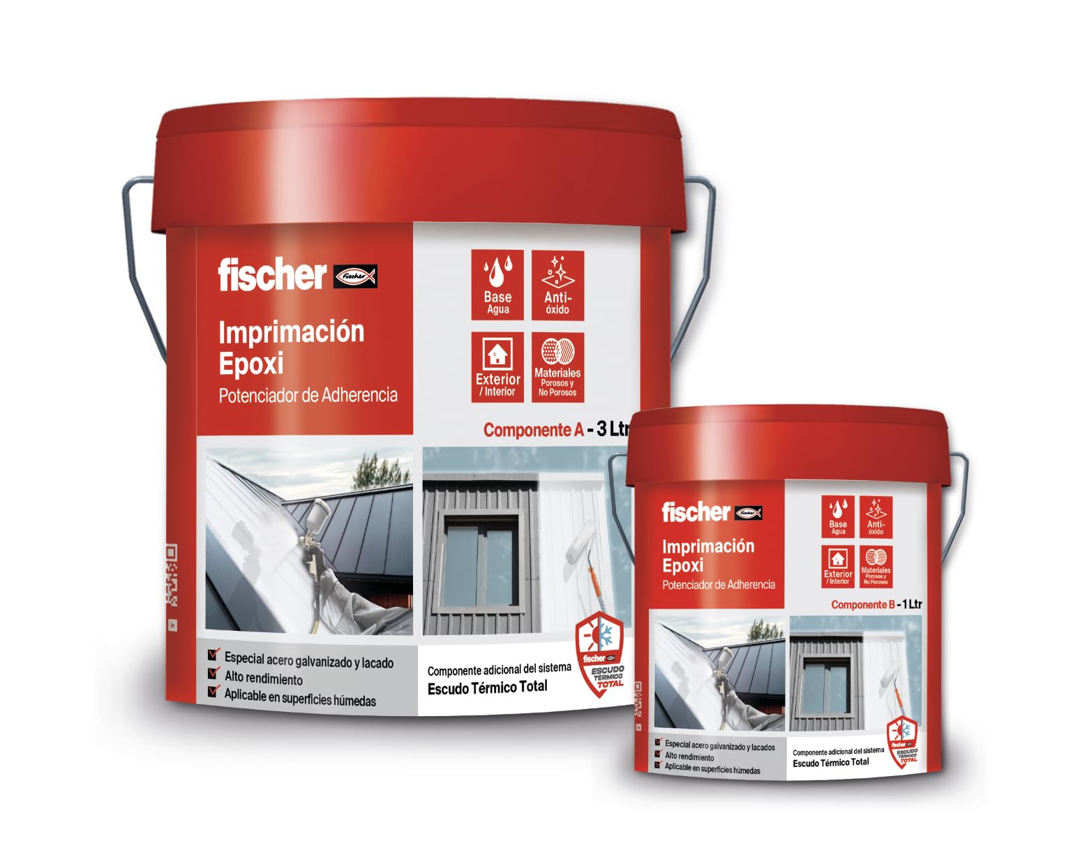 fischer - Imprimación Epoxi 3L + 1L, Base Agua, Interior y Exterior, Materiales Porosos y No porosos, Antióxido, Rendimiento 40m2 (4 Litros) Blanco