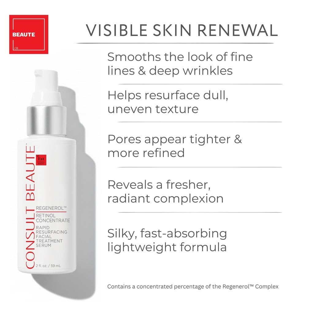 Consult Beaute Regenerol Rapid Resurfacing Retinol Serum for Face, Facial Treatment Concentrate with Bakuchiol, Renews Skin Texture & Diminishes the Appearance of Fine Lines and Wrinkles 2 Fl. Oz.