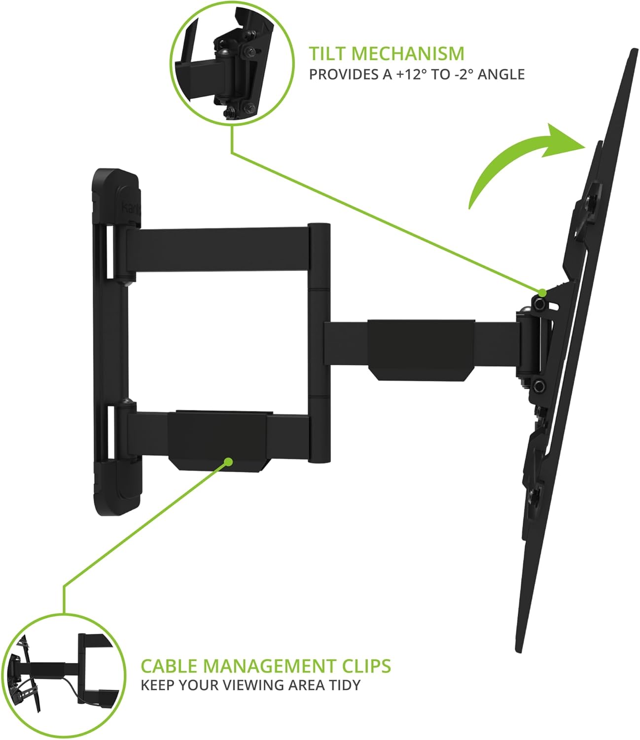 Kanto LS340 Full Motion Single Stud TV Wall Mount for 34" - 55" TVs | Integrated Cable Management | Extend, Tilt and Swivel Design | Black