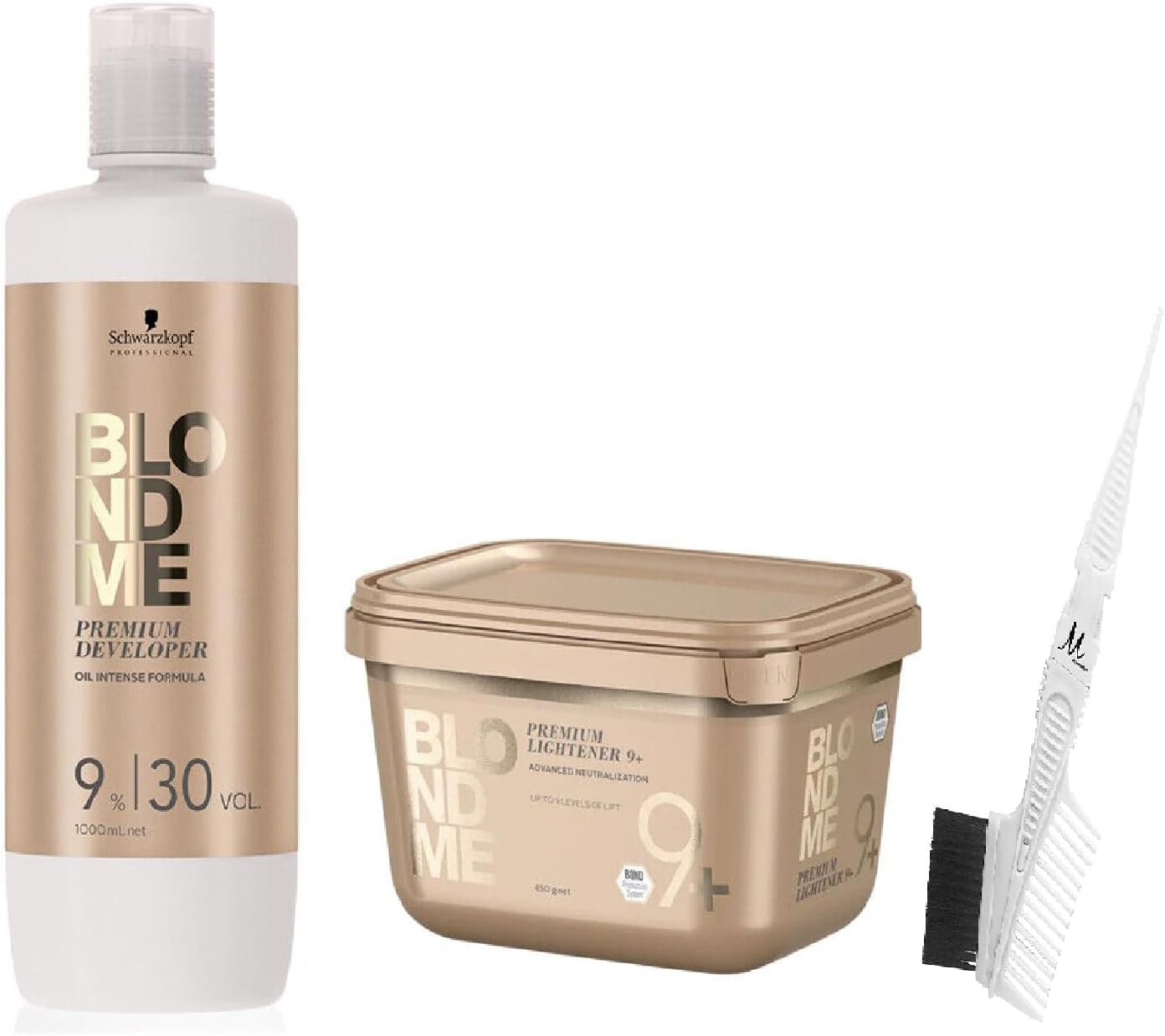 Schwarzkopf BlondMe Bond Enforcing Premium Lightener 9+ Dust Free 450g, Schwarzkopf BlondMe Premium Developer 9% / 30 Volume 1L, M Hair Designs Tint Brush/Comb (Bundle - 3 items)