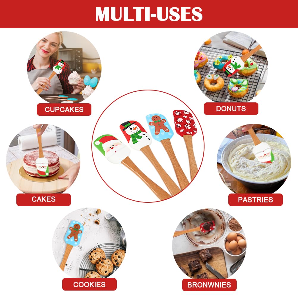BOYAN Espátula de silicona navideña, juego de 4, espátulas de Navidad con mango de madera para hornear, utensilios de cocina, suministros para hornear, regalos y decoración