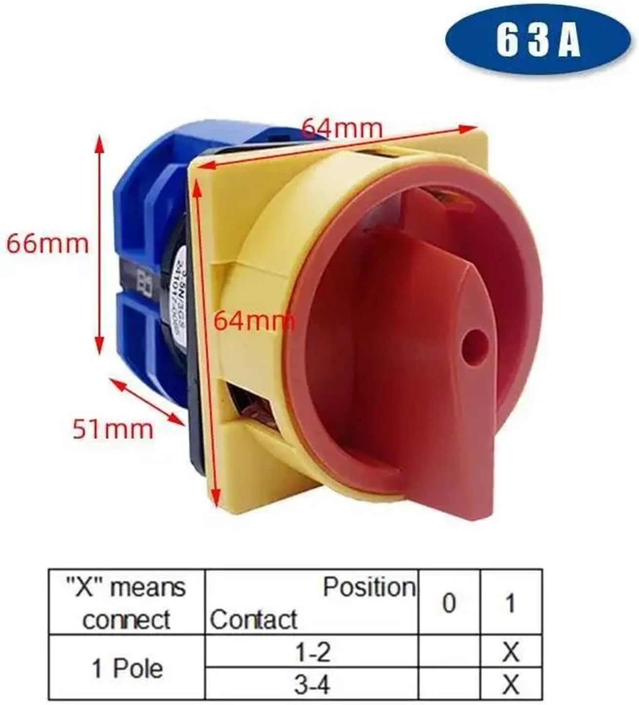 63A Padlock Isolator Changeover Rotary Cam Switch Power Cut-Off Knob Master Control Circuit Off-ON LW28 YMW26 LW26GS(1P 4Terminals)