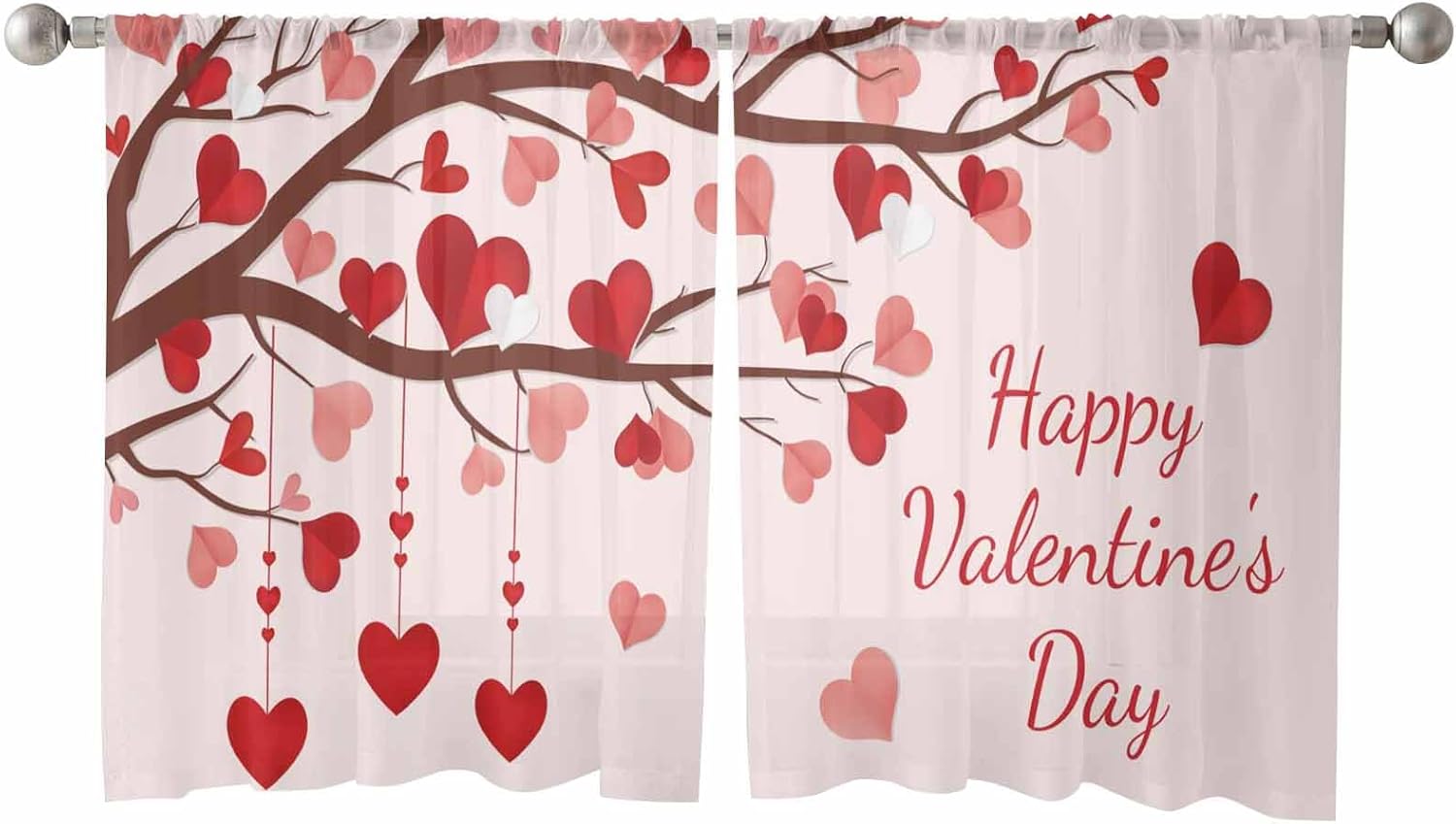 Valentine's Day Sheer Curtains 54 Inches Long Valentine's Day Red Love Tree Romantic Pink Curtains Rod Pocket Semi Sheer Panels Polyester Living Room Curtains Window Treatment, 2 Panels, 52x54 Inch