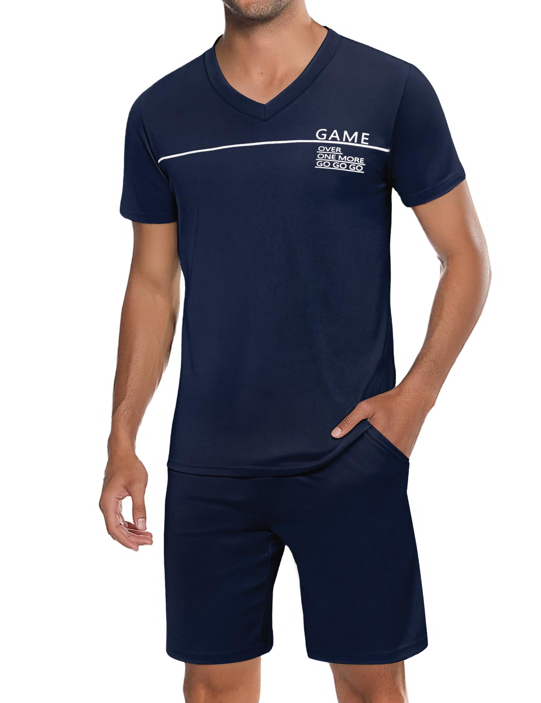 Marvmys Herren Schlafanzug Kurz Pyjama Baumwolle V-Ausschnitt Nightwear Nachtwäsche Pyjamaset Kurzarm T-Shirt Schlafanzughose Shorty