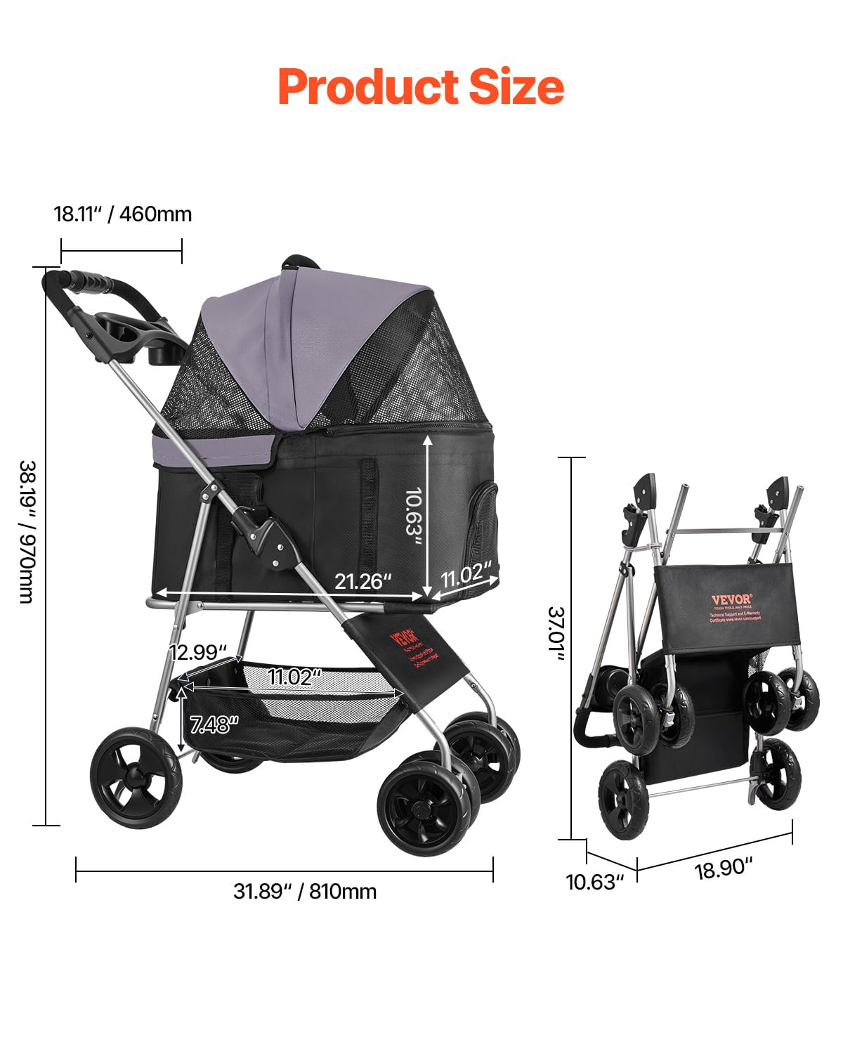 VEVOR Passeggino Pieghevole per Animali Domestici, Passeggino per Cani a 4 Ruote con Freni, Capacità 16 kg, Trasportino Staccabile con Finestre in Rete Traspirante per Piccoli Cani Gatti