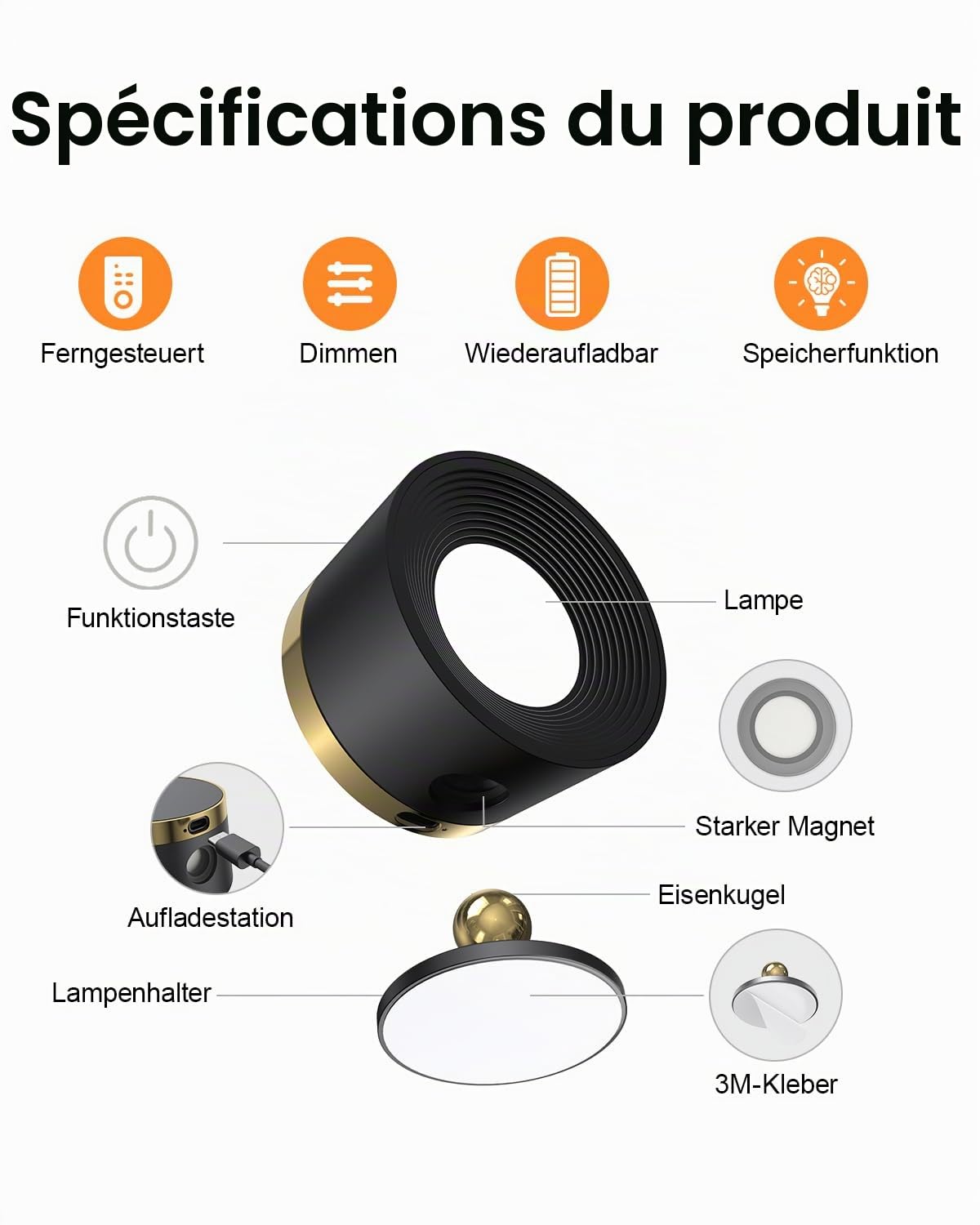 Applique Murale LED Sans Fil - Télécommande Intérieure - 3 Niveaux De luminosité Et 13 RVB - Magnétique Rotative à 360° - Pour Salon, Chambre à Coucher, Escalier, Couloir (2 Pièces Noir)