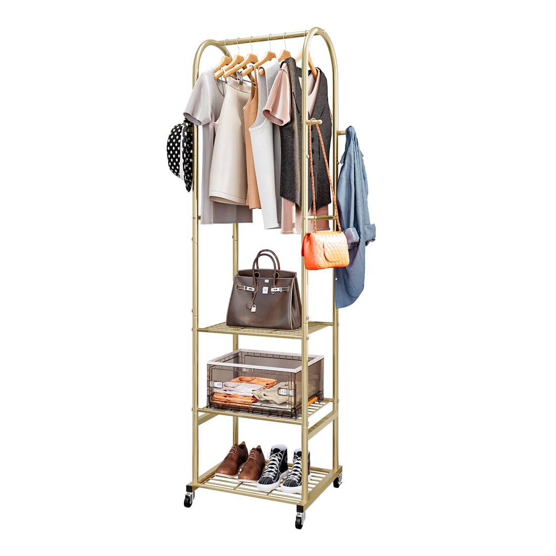 SUOERNUO Clothes Rack With Wheels and 3-Tier Metal Shelves,Clothing Rack For Hanging Clothes With 4 Hooks,Garment Rack Wardrobe Organizer for Small